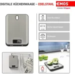 Emos - Skaitmeninės virtuvinės svarstyklės su sieniniu laikikliu - pagamintos i&scaron; nerūdijančio plieno - maksimalus svoris 10 kg, tikslumas iki 1 g - taros funkcija, lcd ekranas, su baterijomis - reguliuojamas g, kg, ml, oz, lb, tl -