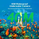 Surfola 4k veiksmo kamera, 40 m povandeninė kamera su stabilizavimu, 170&deg; plataus kampo, i&scaron;orinis mikrofonas, 2 įkraunamos baterijos, nuotolinio valdymo pultas ir montavimo priedai, skirtas pavir&scaron;iniam nardymui