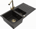 Granitinė virtuvinė plautuvė Mexen Matias su mai&scaron;ytuvu ir sifonu, Metallic juodas/auksinis+Gold