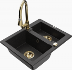 Granitinė virtuvinė plautuvė Mexen Carlos su mai&scaron;ytuvu ir sifonu, Metallic juodas/sidabrinis+Gold
