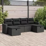 Sofa Sofos komplektas su pagalvėlėmis, 6 dalių, juodas, poliratanas