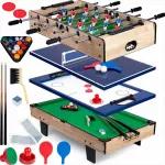 Daugiafunkcinis žaidimų stalas, 4-in-1, medinis, stalo futbolas, stalo tenisas, &scaron;a&scaron;kės, biliardas, namų pramogoms