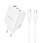 Borofone Wall charger BN32 Cargador GaN - USB + 2xType C - QC 3.0 PD 65W with Type C to Type C baltas