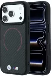 Dėklas BMW M Kevlar raudonas su ra&scaron;tu, žiedu, metaliniu logotipu, MagSafe, skirtas iPhone 18 Pro Max / 17 Pro Max, juodas