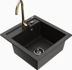 Granitinė virtuvinė plautuvė Mexen Vito su mai&scaron;ytuvu ir sifonu, Metallic juodas/auksinis+Gold
