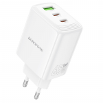 Borofone Wall charger BN32 Cargador GaN - USB + 2xType C - QC 3.0 PD 65W baltas