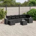 Sofa Sofos komplektas su pagalvėlėmis, 8 dalių, juodas, poliratanas