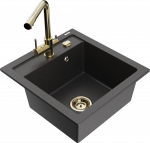 Granitinė virtuvinė plautuvė Mexen Vito su mai&scaron;ytuvu ir sifonu, Juodas granite+Gold