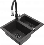 Granitinė virtuvinė plautuvė Mexen Carlos su mai&scaron;ytuvu ir sifonu, Juodas granite+Juodas