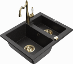 Granitinė virtuvinė plautuvė Mexen Carlos su mai&scaron;ytuvu ir sifonu, Metallic juodas/sidabrinis+Gold