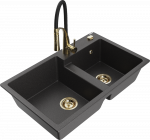 Granitinė virtuvinė plautuvė Mexen Tomas su mai&scaron;ytuvu ir sifonu, Juodas granite+Juodas/Gold