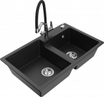 Granitinė virtuvinė plautuvė Mexen Tomas su mai&scaron;ytuvu ir sifonu, Metallic juodas/sidabrinis+Juodas/Chrome