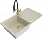 Granitinė virtuvinė plautuvė Mexen Leo su mai&scaron;ytuvu ir sifonu, rusvai gelsvas+Juodas/Gold