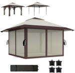 Outsunny pavėsinė 4x4 m vandeniui atspari reguliuojamo auk&scaron;čio i&scaron;&scaron;okanti sulankstoma pavėsinė su tinklinėmis sienelėmis UV 50+ sulankstoma vakarėlių palapinė sodo palapinė su krep&scaron;iu smėlio mai&scaron;ai sodo pavėsinė kempingui, sodo festivaliui, smėlio spalvos