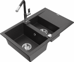 Granitinė virtuvinė plautuvė Mexen Gaspar su mai&scaron;ytuvu ir sifonu, Juodas granite+Juodas/Chrome