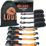 Lodd - 4 x 4 m x 25 mm diržai su reketu - didelio stiprumo 800 kg - dvigubi J formos kabliai su plastikine danga - standartas En12195-2 - didelio stiprumo plieno reketas - bagažo, baldų tvirtinimas transportavimui