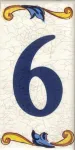 Toro Del Oro namų numerio lentelės, namų numerio ženklai su numeriais ir numeriais ant keraminių plytelių ženklų su vardais, adresais ir rodyklėmis (numeris &scaron;e&scaron;i "6")