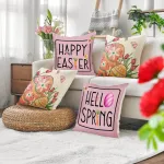 Tarklanda Happy Easter pagalvėlių užvalkalai su zuikiais, tulpėmis, velykiniais kiau&scaron;iniais, 4 vnt., 45 x 45 cm, Hello Spring dekoratyviniai pagalvėlių užvalkalai, velykiniai pagalvėlių užvalkalai sofai, svetainei