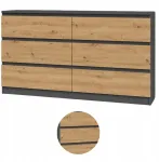 Komoda 140 cm, 6 stalčių, antracito ąžuolas, moderni