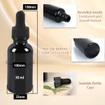 Pipetiniai buteliukai 30 ml, 6 vnt. pakuotė juodo stiklo buteliukų su la&scaron;intuvu, stiklinis buteliukas su stikline pipete, eteriniams aliejams, kvepalų aliejams