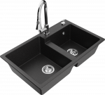 Granitinė virtuvinė plautuvė Mexen Tomas su mai&scaron;ytuvu ir sifonu, Metallic juodas/sidabrinis+Chrome