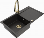 Granitinė virtuvinė plautuvė Mexen Leo su mai&scaron;ytuvu ir sifonu, Metallic juodas/auksinis+Gold