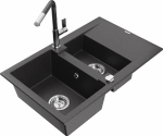 Granitinė virtuvinė plautuvė Mexen Gaspar su mai&scaron;ytuvu ir sifonu, Juodas granite+Juodas granite/Chrome