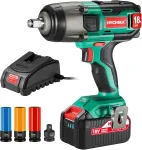 Hychika 350 N&middot;m smūginis veržliasukis su 4.0 Ah 18 V akumuliatoriumi, 3000 Ipm smūgio dažniu, 3 vnt. galvutėmis 17/19/21 mm, adapteriu 10 mm griebtuvui ir dėže ratų varžtams
