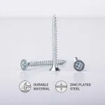 Pakuotė 500 vnt. galvanizuoto plieno 4.0 x 50 mm medvaržčių, skirtų medienos drožlių plok&scaron;tėms, universalūs Pozi Drive Pz varžtai su pilnu sriegiu ir įleidžiama galvute (500, 4.0 x 50 mm)
