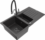Granitinė virtuvinė plautuvė Mexen Matias su mai&scaron;ytuvu ir sifonu, Juodas granite+Juodas/Chrome