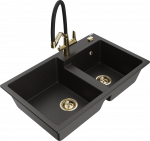 Granitinė virtuvinė plautuvė Mexen Tomas su mai&scaron;ytuvu ir sifonu, Metallic juodas/auksinis+Juodas/Gold