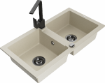 Granitinė virtuvinė plautuvė Mexen Mario su mai&scaron;ytuvu ir sifonu, rusvai gelsvas+Juodas