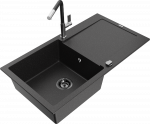 Granitinė virtuvinė plautuvė Mexen Leo su mai&scaron;ytuvu ir sifonu, Metallic juodas/sidabrinis+Juodas/Chrome