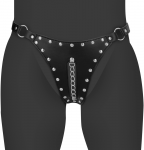 Ouch By Shots PU Leather Chastity Thong with Chain Detail - Juodas