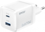 BWOO GaN wall charger CDA224 QC 70W 1 x USB 1 x USB-C, baltas
