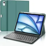 Klaviatūra, skirta ipad air 11 2025 m3/2024 m2, 7 spalvų ap&scaron;vietimas, apsauginis dėklas su ra&scaron;iklio laikikliu, dėklas su bluetooth magnetine qwertz klaviatūra, skirta ipad air 7-osios/6-osios kartos 11 colių m3/m2, tamsiai žalia