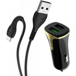 Įkroviklis automobilinis Hoco Z31 USB + "microUSB" QuickCharge (3.0A) juodas