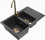 Granitinė virtuvinė plautuvė Mexen Gaspar su mai&scaron;ytuvu ir sifonu, Juodas granite+Gold
