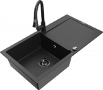 Granitinė virtuvinė plautuvė Mexen Leo su mai&scaron;ytuvu ir sifonu, Metallic juodas/sidabrinis+Juodas