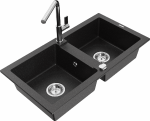 Granitinė virtuvinė plautuvė Mexen Mario su mai&scaron;ytuvu ir sifonu, Metallic juodas/sidabrinis+Chrome