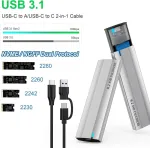 Shubeieumi m.2 nvme ir sata ssd dėklo adapteris, 10 gbps m.2 ssd į usb 3.1 su 2-in-1 laidu, palaiko m-key/b+m key 2230/2242/2260/2280 ssd, be įrankių (sidabrinis)