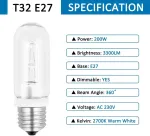 Sccnc T32 E27 skaidri vamzdinė lemputė Ac230v 200w reguliuojamo ry&scaron;kumo, 3300lm &scaron;iltai balta 2700k, keraminė E27 T32 fotografijos modeliavimo lempoms, vie&scaron;bučių ap&scaron;vietimui, restoranų ap&scaron;vietimui, 1 vnt.