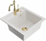 Granitinė virtuvinė plautuvė Mexen Vito su mai&scaron;ytuvu ir sifonu, Baltas+Gold