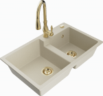 Granitinė virtuvinė plautuvė Mexen Tomas su mai&scaron;ytuvu ir sifonu, rusvai gelsvas+Gold