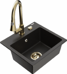 Granitinė virtuvinė plautuvė Mexen Milo su mai&scaron;ytuvu ir sifonu, Metallic juodas/auksinis+Gold