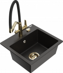 Granitinė virtuvinė plautuvė Mexen Milo su mai&scaron;ytuvu ir sifonu, Metallic juodas/auksinis+Juodas/Gold