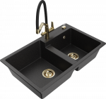 Granitinė virtuvinė plautuvė Mexen Tomas su mai&scaron;ytuvu ir sifonu, Metallic juodas/sidabrinis+Juodas/Gold