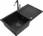 Granitinė virtuvinė plautuvė Mexen Leo su mai&scaron;ytuvu ir sifonu, Juodas+Juodas/Chrome