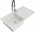 Granitinė virtuvinė plautuvė Mexen Leo su mai&scaron;ytuvu ir sifonu, Baltas+Juodas/Chrome