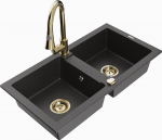 Granitinė virtuvinė plautuvė Mexen Mario su mai&scaron;ytuvu ir sifonu, Juodas granite+Gold